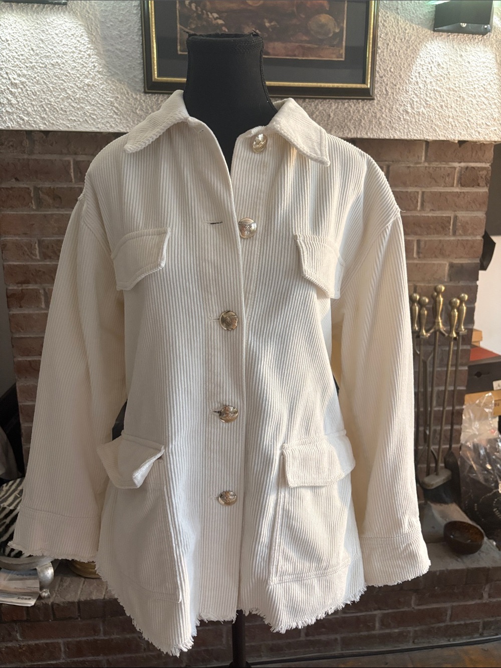 Womens Cream Corduroy Button-Up Shacket